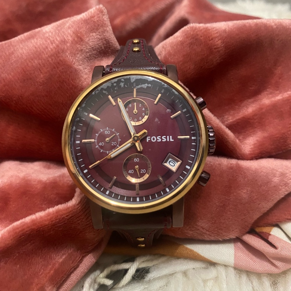 Fossil Burgundy and Gold Chronograph Watch
